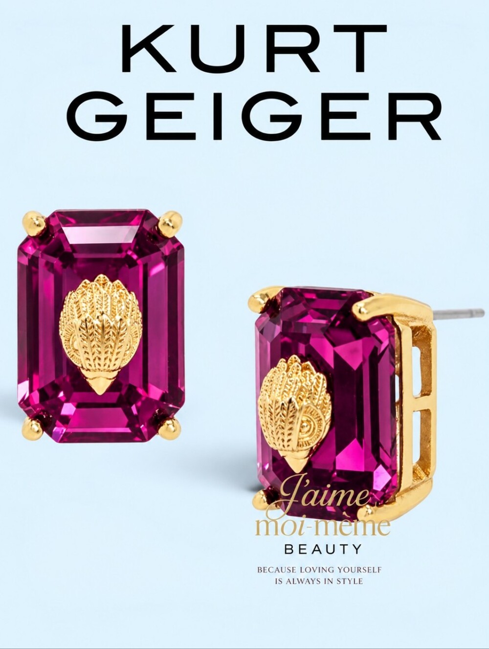 Kurt Geiger Fuchsia Hot Pink Emerald Cut Gemstone Stud Earrings with Gold Detail